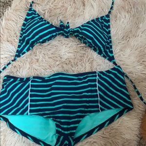 Mint green and navy blue striped bikini